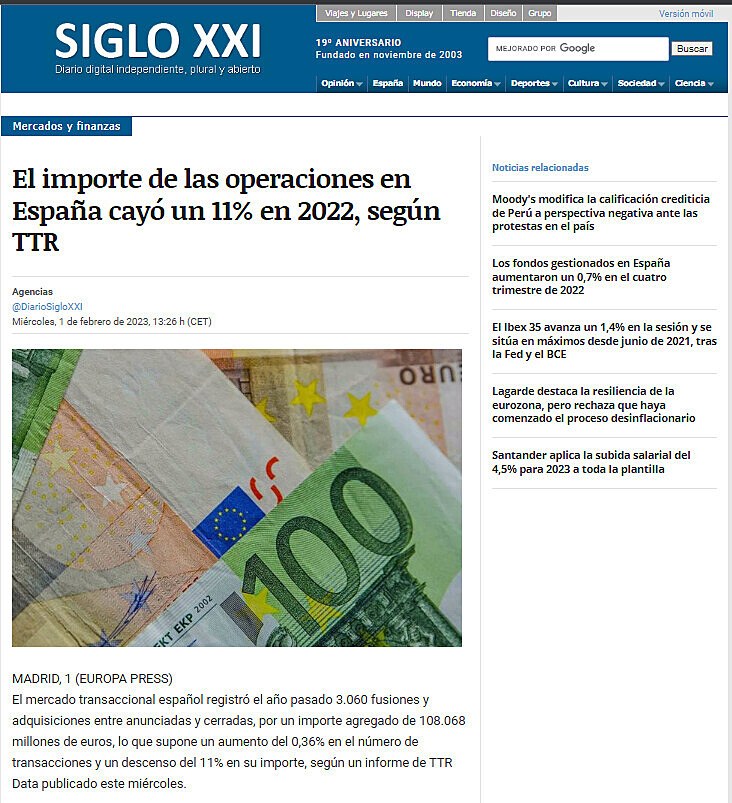 El importe de las operaciones en Espaa cay un 11% en 2022, segn TTR